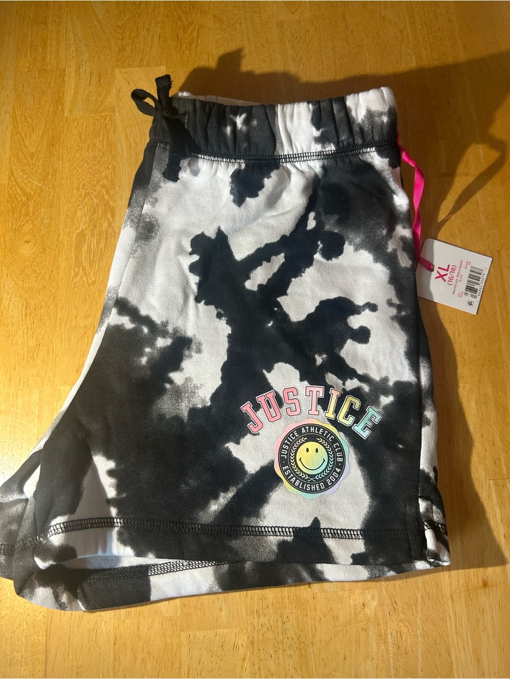 Justice Black & White Tie-Dye Shorts with Rainbow Smiley Logo